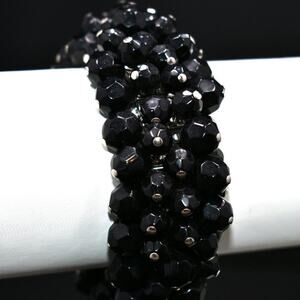 Vintage Black Beaded Cha Cha Bracelet, Silver Tone Expansion Bracelet, 6 1/2 In